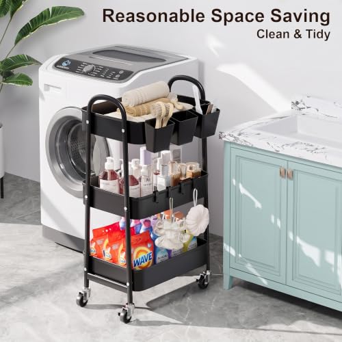 3 Tier Metal Rolling Cart with Lockable Wheels,Black Three Tiered Art Carts - color: Matte Black, size: 3 tier