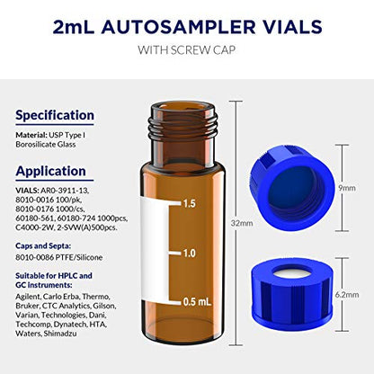 2mL Autosampler Vials, 9-425 HPLC/GC Amber Vials with Screw Cap, 100 Pcs - color: Amber Vial & Pre-slit Blue PTFE Septa