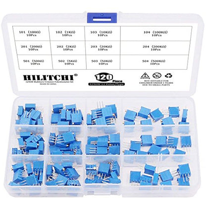 Hilitchi 120-Pcs [100 to 500K] ohm 3296W Multiturn Trimmer Potentiometer Assortment Kit - [12 Value]