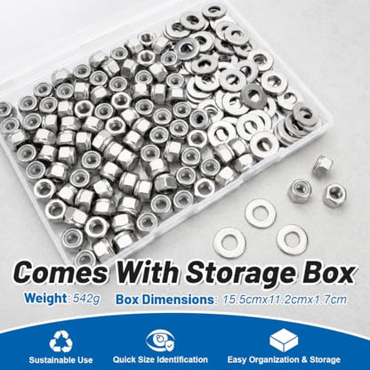 1/4-20 Lock Nut 190Pcs Stainless Steel Nylock Locking Nuts with Washer - size: locknuts-1/4" 190pcs