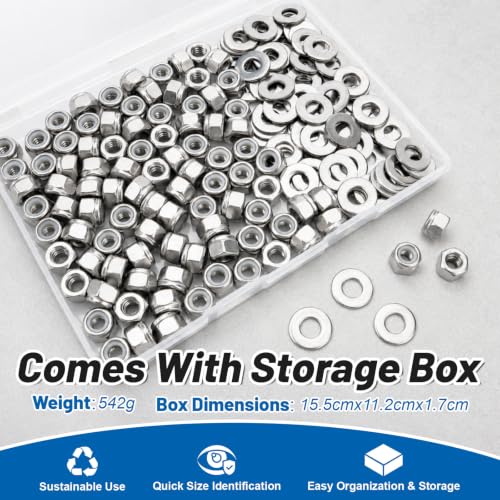 1/4-20 Lock Nut 190Pcs Stainless Steel Nylock Locking Nuts with Washer - size: locknuts-1/4" 190pcs