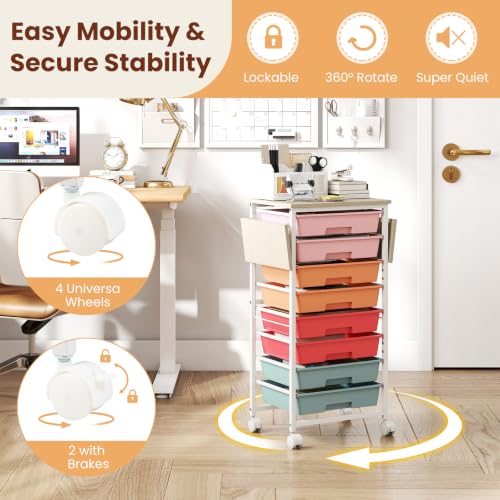 Giantex 8 Drawers Rolling Cart with Wheels, Folding Wood Top - color: Macaron, size: 8 Drawer-26.5"x11"x30"