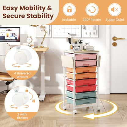 Giantex 8 Drawers Rolling Cart with Wheels, Folding Wood Top - color: Macaron, size: 8 Drawer-26.5"x11"x30"