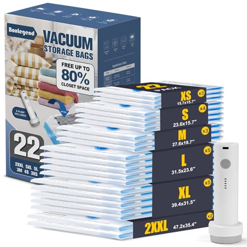 BoxLegend Vacuum Storage Bags with 1500mAh USB Electric Pump 22 Combo-2XXL, 5XL, 5L, 3M, Travel (4S, 3XS) Thickened Vacuum Seal Bags for Clothing, Space Saving for Coats, Quilts, Blankets, Pillows - size: 22 Combo - Electric Pump