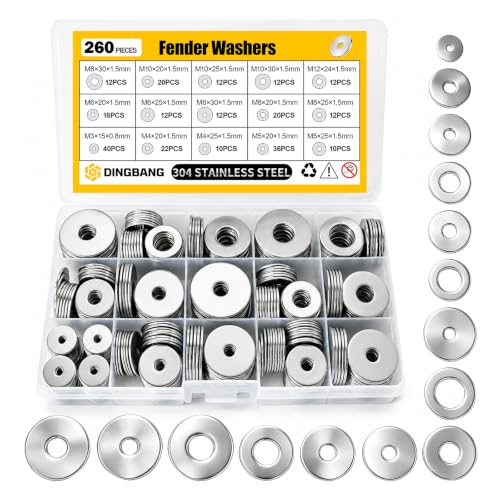 260Pcs Fender Washer Assortment Kit,304 Stainless Steel Assorted Washers,15 Sizes M3 M4 M5 M6 M8 M10 M12 Flat Washers Kit for Screws and Bolts,Hardware Fasteners for Industrial & DIY Use