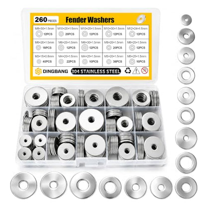260Pcs Fender Washer Assortment Kit,304 Stainless Steel Assorted Washers,15 Sizes M3 M4 M5 M6 M8 M10 M12 Flat Washers Kit for Screws and Bolts,Hardware Fasteners for Industrial & DIY Use