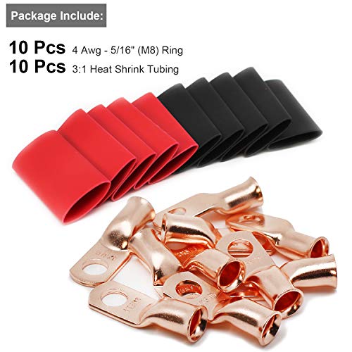 TKDMR 10 PCS 4 AWG - 5/16 Battery Cable Lugs Copper Wire Ring Terminals - size: 4 Awg - 5/16" (M8) Ring