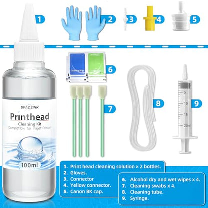 Spaceink Printhead Cleaning kit 200mL for E pson Printer, Printer Cleaning Kit for HP, Print Head Cleaning Kit for Canon, Inkjet Printer Nozzle Cleaning Kit for Brother