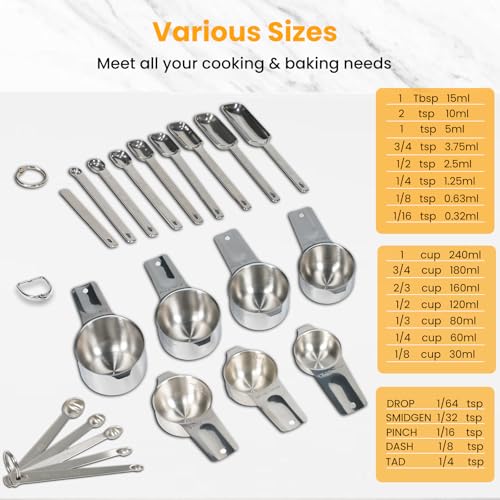 21 Pieces YUNNKEEY Measuring Cups and Spoons Set - Includes 7 Stainless Steel Measuring Cups, 8 Rectangular & 5 Mini Measuring Spoons with Leveler Fits Spice Jars, Ideal for Dry and Liquid Ingredients - size: Set of 21