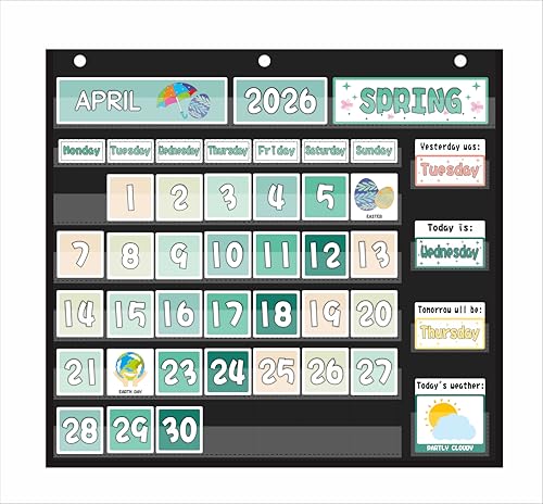 Mewise Classroom Calendar Pocket Chart and Weather Station Set - Groovy Retro Classroom Decor, 126+ Cards Bulletin Board Display for Morning Meeting, Homeschool Supplies, PreK-2nd Grade (Black) - color: Black