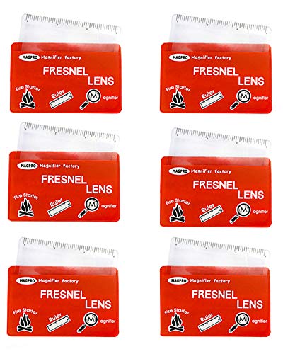 MagDepo 6 Pack Credit Card Size Magnifier Ruler Fresnel Lens Fire Starter Compact Plastic Magnifying Lens Wallet Pocket Magnifier for Reading Small Print, Maps, and Books -Red - color: Red