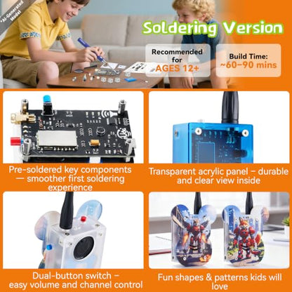 eUda+ STEM Walkie-Talkies Kit for 12-14 Sciience Kits for Kids Age 13-15 Teen Boys Gift Idea 16-18 Soldering Projects DIY Electronic Kits for 15-18 Family Games (Soldering Version, BTB) - color: Soldering Version, Bear-transparent Black (Btb)