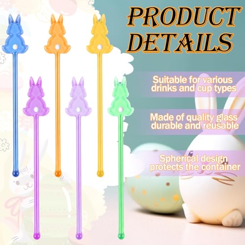 Qinyoung 12 Pcs Easter Glass Drink Stirrers 7 Inch Swizzle Sticks for Cocktails Coffee Reusable Rabbit Beverage Stir Sticks for Easter Party Coffee Bar Kitchen Bar Weddings - style: Rabbit