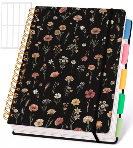 Cute Spiral Notebook Thick Lined Journal B5 with Pocket, Floral - color: Black Floral, size: B5