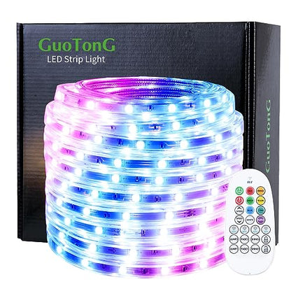 LED Rope Lights 50ft/15m RGB Dimmable Strip Lighting Kit, Flexible 450 LED, 110V, Waterproof, Male and Female Connectors, Power Plug Built-in Fuse Design, Infrared Remote Control - size: 15M