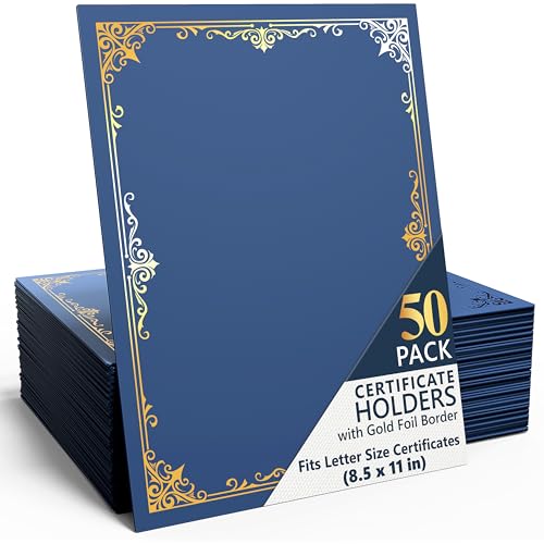50 Pack Double Sided Certificate Holders 8.5x11 Blue - Heavyweight 300gsm Cardstock Diploma Holder - Dual Certificate Folder Letter Size Award Certificate for Graduation with Gold Foil Diploma Cover - color: Blue-gold, size: 50 Pack