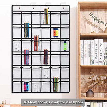 SAVERHO 36 Clear Pockets Classroom Pocket Chart for Cell Phones, Pocket Chart for Calculator Phone Holder with 36 Number Stickers and Hooks (White) - color: White-1pack of 36pockets