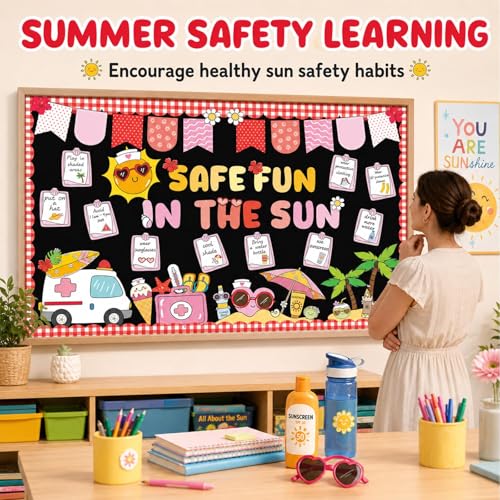 Sunshine Sun Bulletin Board Set Safe Fun in the Sun Classroom Decorations Summer Classroom Sunshine Safety Paper Cutouts for Back to School Teachers Chalkboard Wall Door Decor - style: Sun
