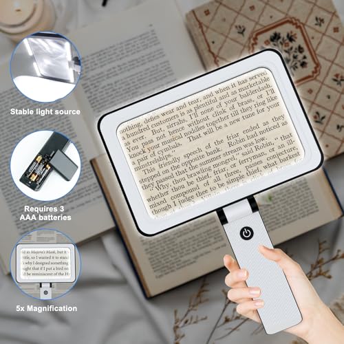 5X Tabletop Magnifying Glass with Light,Detachable and Foldable Acrylic Lenses Handheld Magnifying Glass,Lightweight Rectangular Flexible Gooseneck Magnifier for Seniors Reading、Close Work - style: Magnifying glass with base