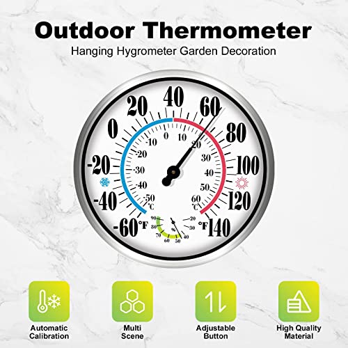 12" Outdoor Thermometer Large Numbers - Decorative Outdoor Thermometers for Patio, Wall Thermometer Hygrometer with Stainless Steel Enclosure, Battery Free Indoor Outdoor Thermometer Hanging