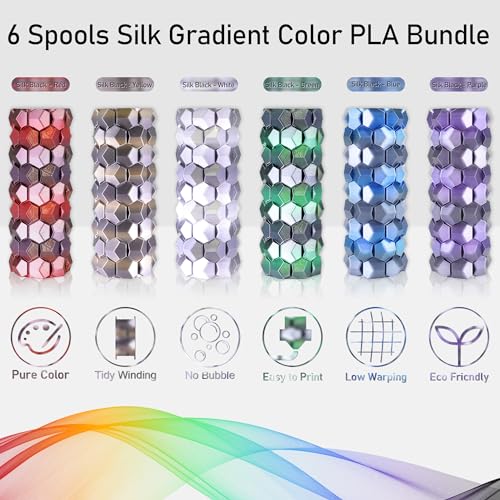 MIKA3D 6 Spools Fast 2 Color Change Silk PLA 3D Printer Filament Bundle, Silk Black Color Change to White/Red/Orange/Blue/Purple/Green, Each Spool 250g, Total 1.5kg Silk PLA Bundle 250g X 6 - color: 6 Color Change Black