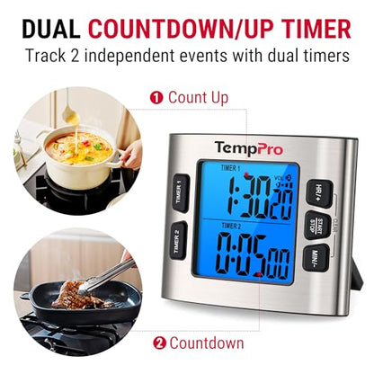 TempPro TM02 24H Kitchen Timer with Clock Mode & Dual Digital Timers