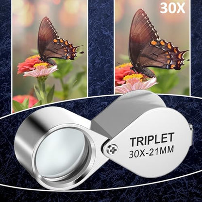 Jewelers Loupe 30x Foldable Hand Lens Eye Loops Magnifier Jewelers Loupe Pocket Magnifying Glass for Detecting Coin Diamonds Gems Jewelry Stamps Antiques