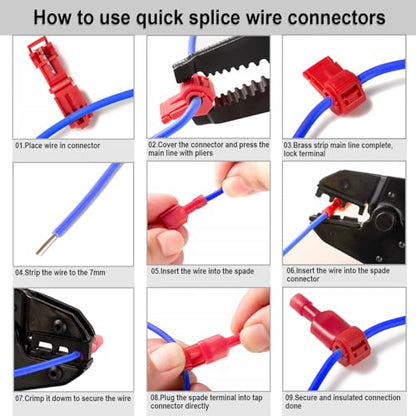 108 Pcs T-Tap Wire Connectors Kit, Quick Splice Self-Stripping Electrical Wire Terminals for Speaker Car Audio, Nylon Fully Insulated Male Quick Disconnects for Automotive Wiring (22-10 AWG)