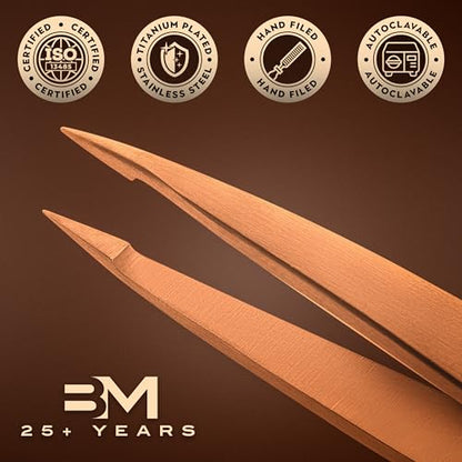 Pointed Tweezers | Titanium Series | High Carbon Stainless Steel Needle Nose | Fine Point Precision Hair Removal | Perfectly Aligned & Hand-Filed Sharp | Rose Gold - color: Rose Gold