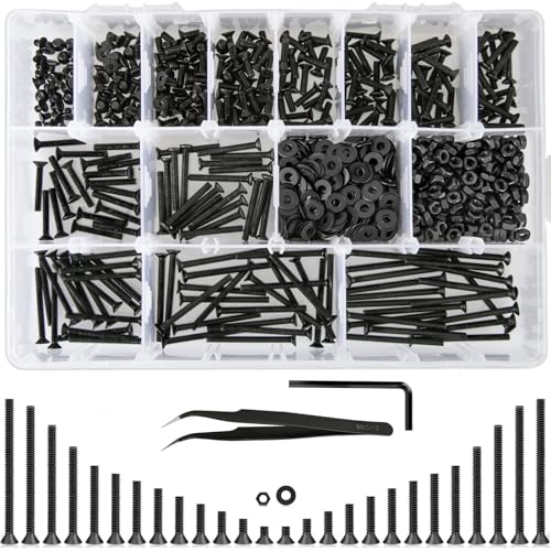 1023Pcs M3 Screw Assortment 13 Lengths 4mm to 40mm, Hex Socket Flat Head 10.9 Alloy Steel Nuts and Bolts Assortment Kit, Metric Machine Screws and Nuts, Washers, Black - size: C. M3