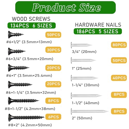 320Pcs Premium Hardware Nails & High Hardness Black Drywall Screws Assortment Kit,11 Sizes (1/2"-2"),Phillips Drive Flat Head, Wood Screws,Galvanized,Picture Hanging,Common Nails with Storage Box - size: 322PCS