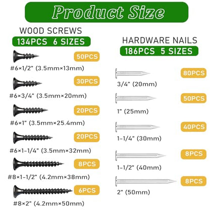 320Pcs Premium Hardware Nails & High Hardness Black Drywall Screws Assortment Kit,11 Sizes (1/2"-2"),Phillips Drive Flat Head, Wood Screws,Galvanized,Picture Hanging,Common Nails with Storage Box - size: 322PCS