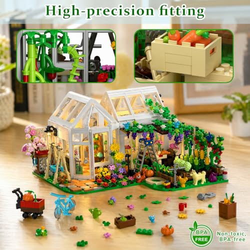 Flower House Building Set with LED Light, Botanical Greenhouse Garden Building Kit for Adults, 1185 PCS Creative Modular Flower House Playset with Fruits & Plants, Ideal Gift for Teens & Kids 8+