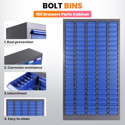 100 Drawer Alloy Steel Nut and Bolt Organizer, ABS Material Bolts Organizer, 26" L×9" W×46" H Drawer Parts Storage Cabinet, with Dividers and Labels for Laboratory, Studio, Home Use/Blue - size: 100 Drawer