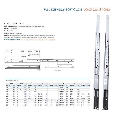 Pair of 20" Rok Hardware Soft Close Drawer Slides, Full Extension, Ball Bearing, 100 lb Weight Capacity - Available in 12", 14", 16", 18", 20", 22" and 24" Lengths - size: 20 in.