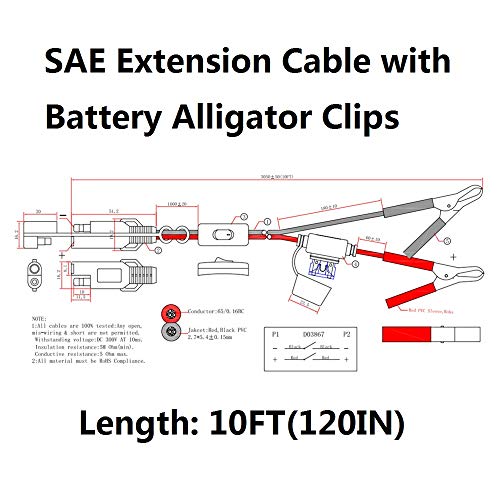 SPARKING 10FT 12V Battery Alligator Clip to SAE 2Pin Quick Disconnect Cable SAE to Battery Clamp-On Cable 15A Fuse (10FT) - size: 10FT