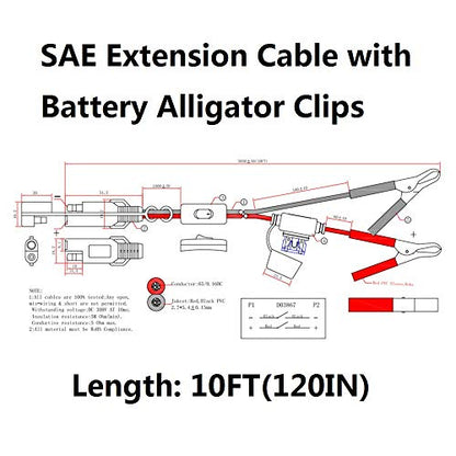 SPARKING 10FT 12V Battery Alligator Clip to SAE 2Pin Quick Disconnect Cable SAE to Battery Clamp-On Cable 15A Fuse (10FT) - size: 10FT