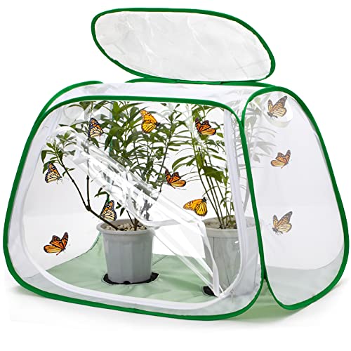 Outdoor Pop-up Large Insect and Butterfly Net Habitat，with Rainproof top Cover Increase Survival Rate, Windproof Trapezoidal Design，Collapsible Caterpillar Growing Mesh Cage Terrarium