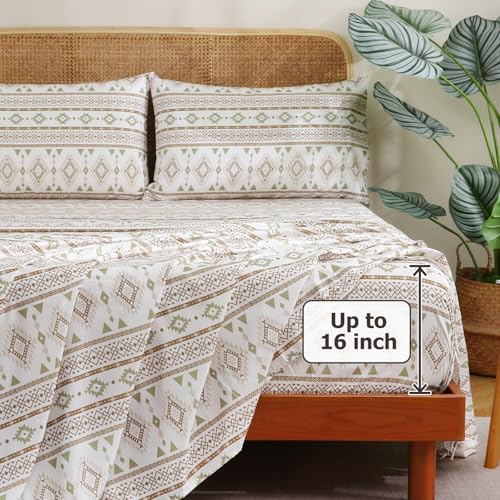 CozySmile 4 Pieces King Sheet Set Bohemian, Boho Sheets Soft Microfiber Deep Pocket, Western Sheets Geometric(King, Cream Olive Geometric) - color: B-cream Olive Geometric, size: King