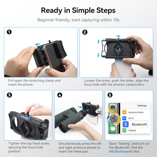 APEXEL 360° Telescope Phone Adapter, Upgraded Binocular Photo Adapter for Android & iPhone, Smartphone Mount for Telescope, Monocular, Microscope, Spotting Scope. (Including Bluetooth Shutter Remote)