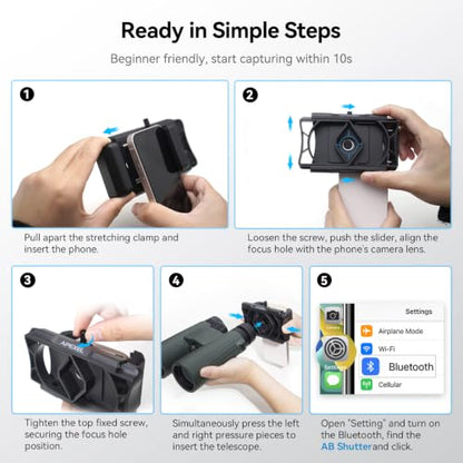 APEXEL 360° Telescope Phone Adapter, Upgraded Binocular Photo Adapter for Android & iPhone, Smartphone Mount for Telescope, Monocular, Microscope, Spotting Scope. (Including Bluetooth Shutter Remote)