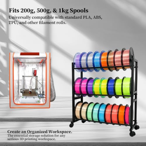3-Tier 3D Filament Storage Rack - Heavy Duty Metal Spool Shelf with Wheels