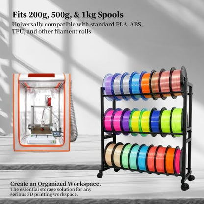 3-Tier 3D Filament Storage Rack - Heavy Duty Metal Spool Shelf with Wheels