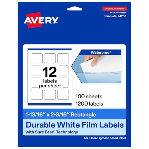 Avery Printable Durable White Rectangle Labels, Sure Feed Technology, 1-13/16" x 2-3/16", Print-to-the-Edge, Waterproof Labels, Laser & Pigment-Based Inkjet Compatible, 1200 Total - style: 1,200 labels
