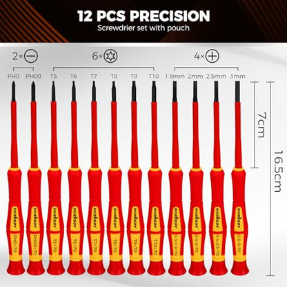 HORUSDY 12-Piece Precision Screwdriver Set, 1000V Insulated Electrician Screwdrivers with Magnetic Tips & Rotatable Top Cap, Phillips PH0/PH00, Slotted 1.8–3mm & Torx T5–T10 with Portable Storage Bag - style: 12-Piece Precision Screwdriver Set