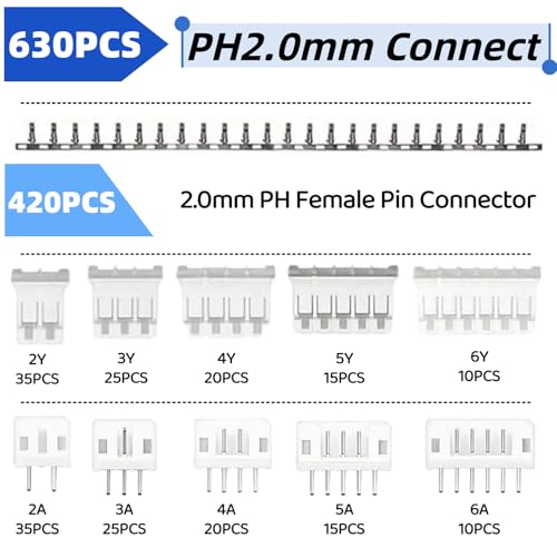 630PCS JST PH Connector Kit PH2.0mm Adapter Cable Terminal Connectors Set with 2.0 mm Pitch 2 3 4 5 6Pin Female Housing and Male Plug - style: PH2.0mm-630PCS