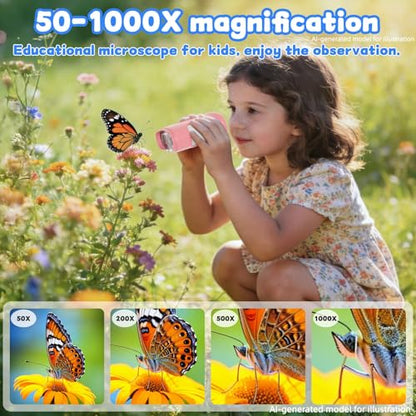 1000X Handheld Digital Microscope for Kids, STEM Educational Toys - color: Pink