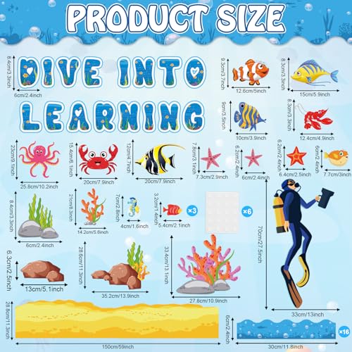 party greeting Ocean Animal Bulletin Board Set Under The Sea Classroom Decoration Summer Dive into Learning Sea Animals Fish Paper Cutouts for Tropical School Chalkboard Wall Decor Supplies - style: Under The Sea Bulletin Board