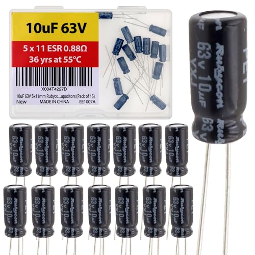 10uF 63V 5x11mm Rubycon Electrolytic Capacitor Low ESR 0.88Ω Long Life 36yrs at 55 Degree C mfd mircofarad Micro Farad Radial Lead Aluminum Capacitors (Pack of 15) - style: 10uF 63V 5x11mm Rubycon