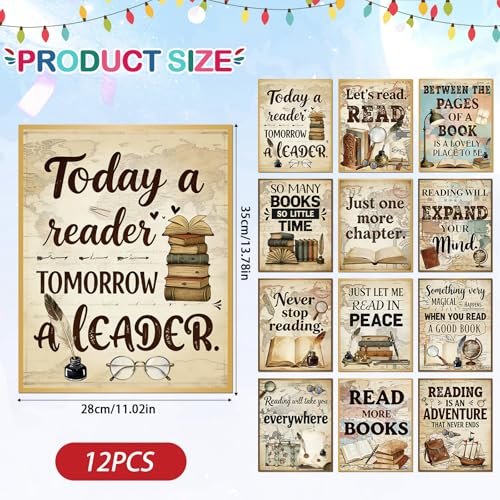Aposwow Vintage Reading Posters for Classroom - 12 Pcs Reading Corner Decor for Classroom Library, Motivational Bulletin Board Sets for School Wall Office Supplies - color: Vintage Reading